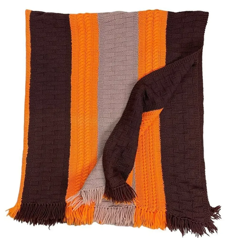 Decorative Warm Winter Fringe Edge Wool Textured Stripe Knit Throw Blanket